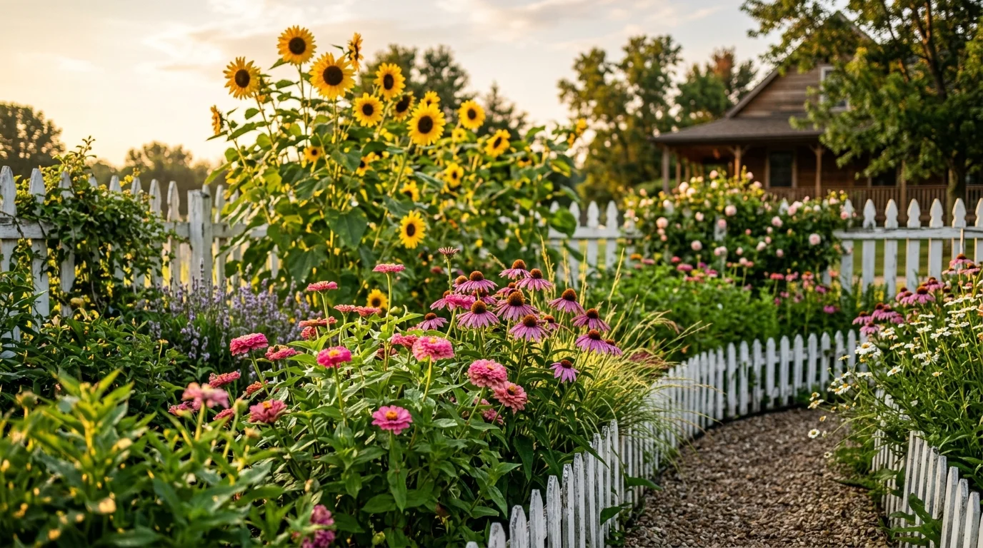 A lush backyard flower garden filled with vibrant sunflowers, pink zinnias, and purple coneflowers in full bloom, surrounded by a white picket fence, soft golden hour lighting casting warm shadows, dewy petals glistening, shot from a slightly low angle with a shallow depth of field, no people