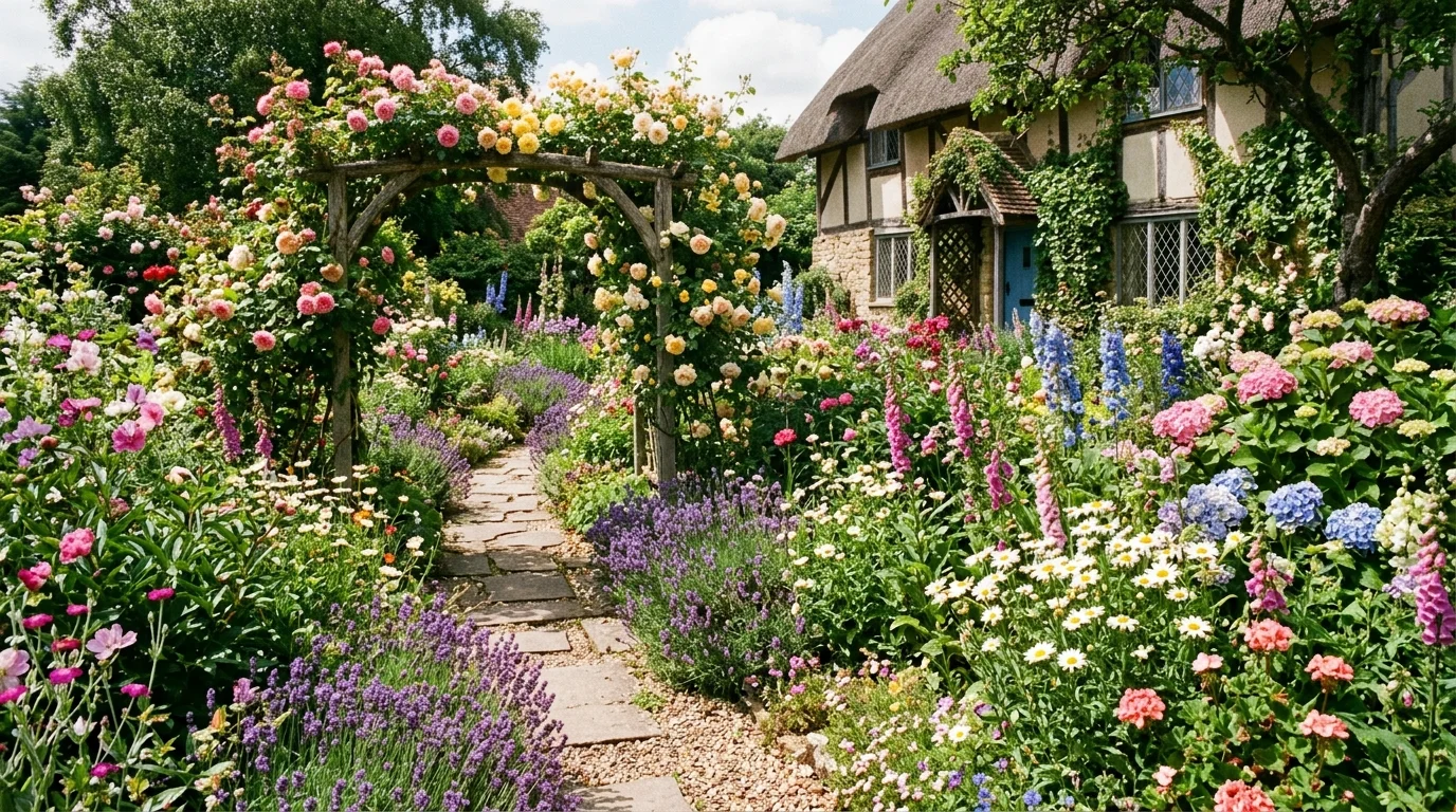 A colorful cottage-style garden overflowing with mixed summer blooms like daisies, lavender, and roses, dense layered textures with a stone pathway winding through, bright natural daylight, soft breeze implied by gentle petal movement, captured from eye-level with a wide-angle lens, no people