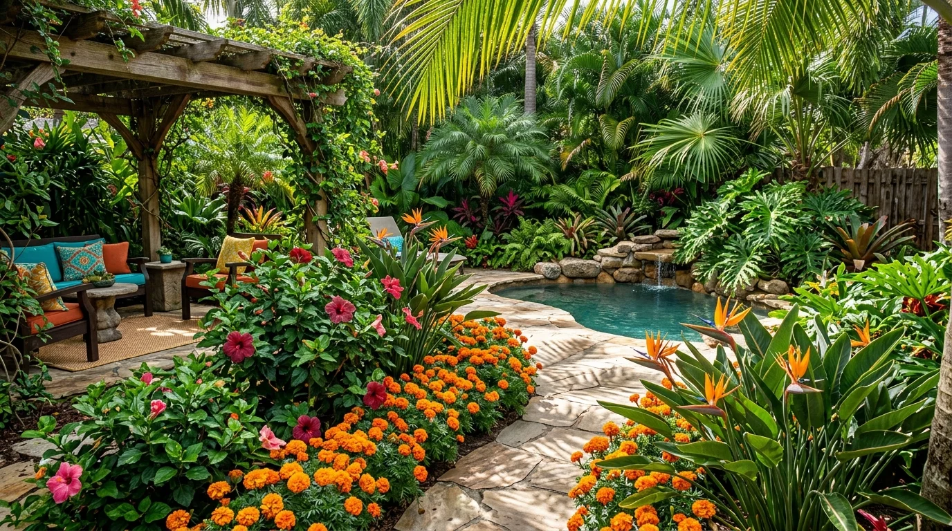 A tropical-inspired backyard oasis featuring hibiscus, bird of paradise, and bold orange marigolds, deep green foliage creating contrast, sunlight filtering through palm leaves creating dappled shadows, vibrant saturated colors, photographed from a slightly elevated angle, no people