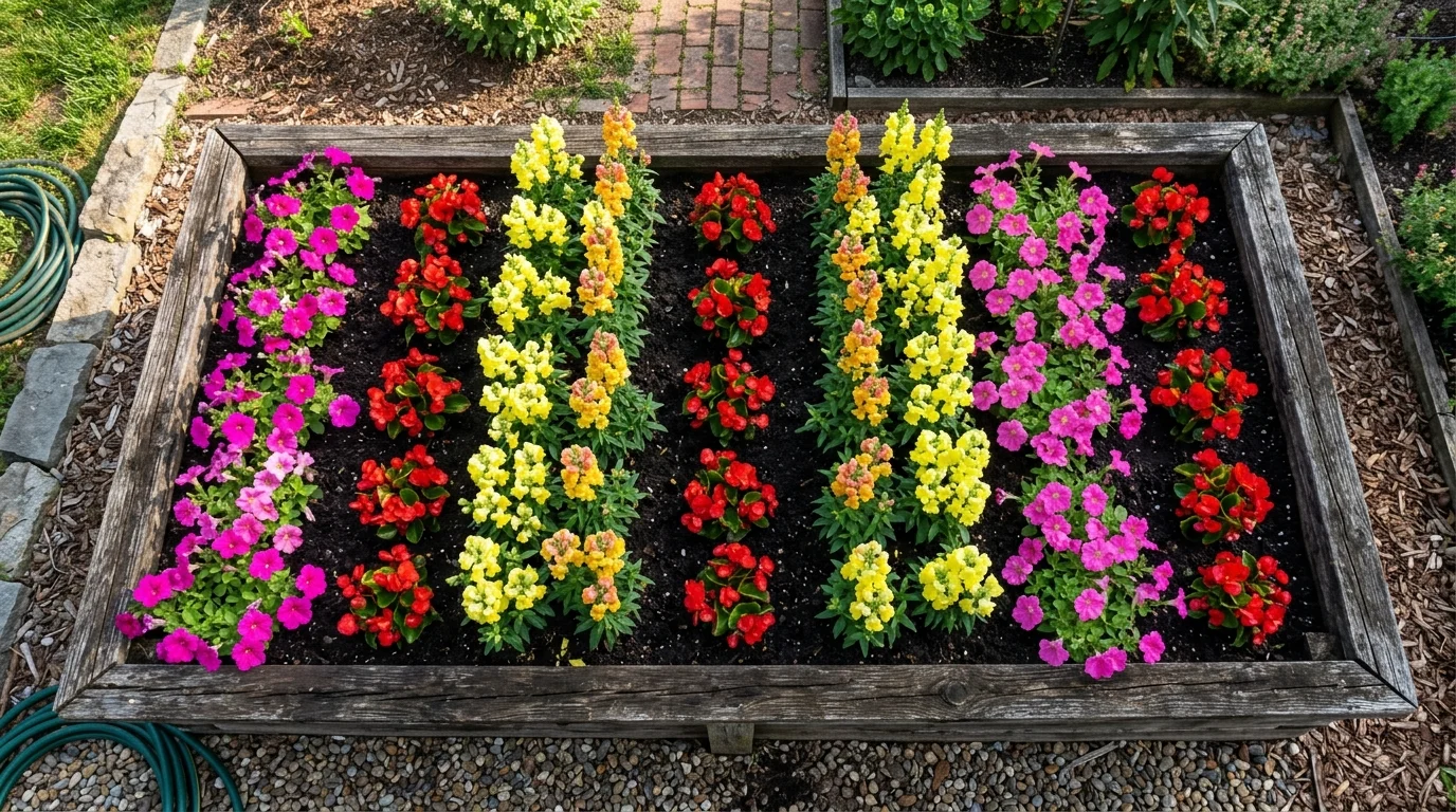 A neatly arranged raised garden bed filled with rows of blooming petunias, begonias, and snapdragons in bright pinks, reds, and yellows, rustic wooden frames, crisp morning light with fresh shadows, shot from a top-down perspective emphasizing patterns, no people