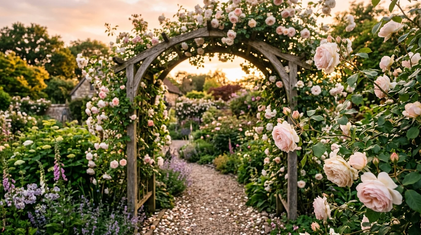 A romantic garden corner with climbing roses in soft blush and cream tones cascading over an arched trellis, gravel path beneath, warm sunset lighting creating a dreamy glow, soft focus background with detailed foreground petals, captured at a medium angle, no people