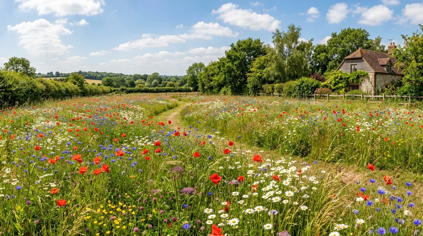 A wildflower meadow-style backyard filled with poppies, cornflowers, and daisies swaying gently, natural untamed layout, vivid reds, blues, and whites, bright midday sun illuminating the scene, wide panoramic shot capturing depth and movement, no people