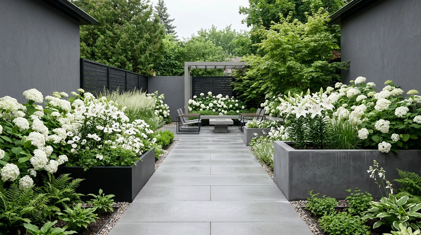 A modern minimalist backyard garden with monochromatic white flowers like lilies and hydrangeas, clean geometric planters, smooth stone surfaces, soft diffused lighting on an overcast day, calm and serene mood, photographed at a straight-on angle, no people