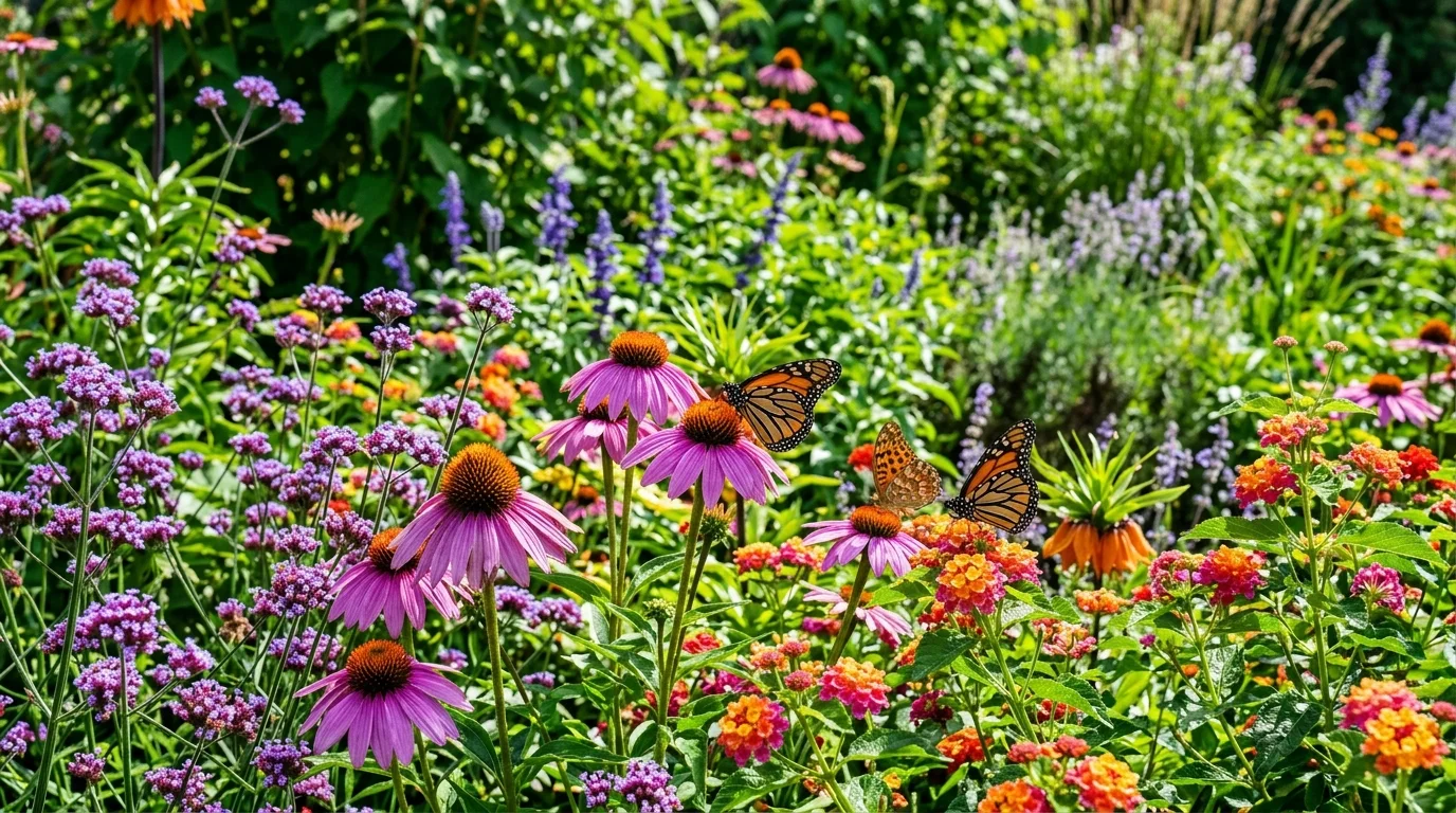 A vibrant butterfly-friendly garden filled with nectar-rich blooms such as echinacea, lantana, and verbena in bold purples, oranges, and pinks, layered greenery backdrop, bright sunlight enhancing color contrast, close-up shot with crisp details on petals, no people