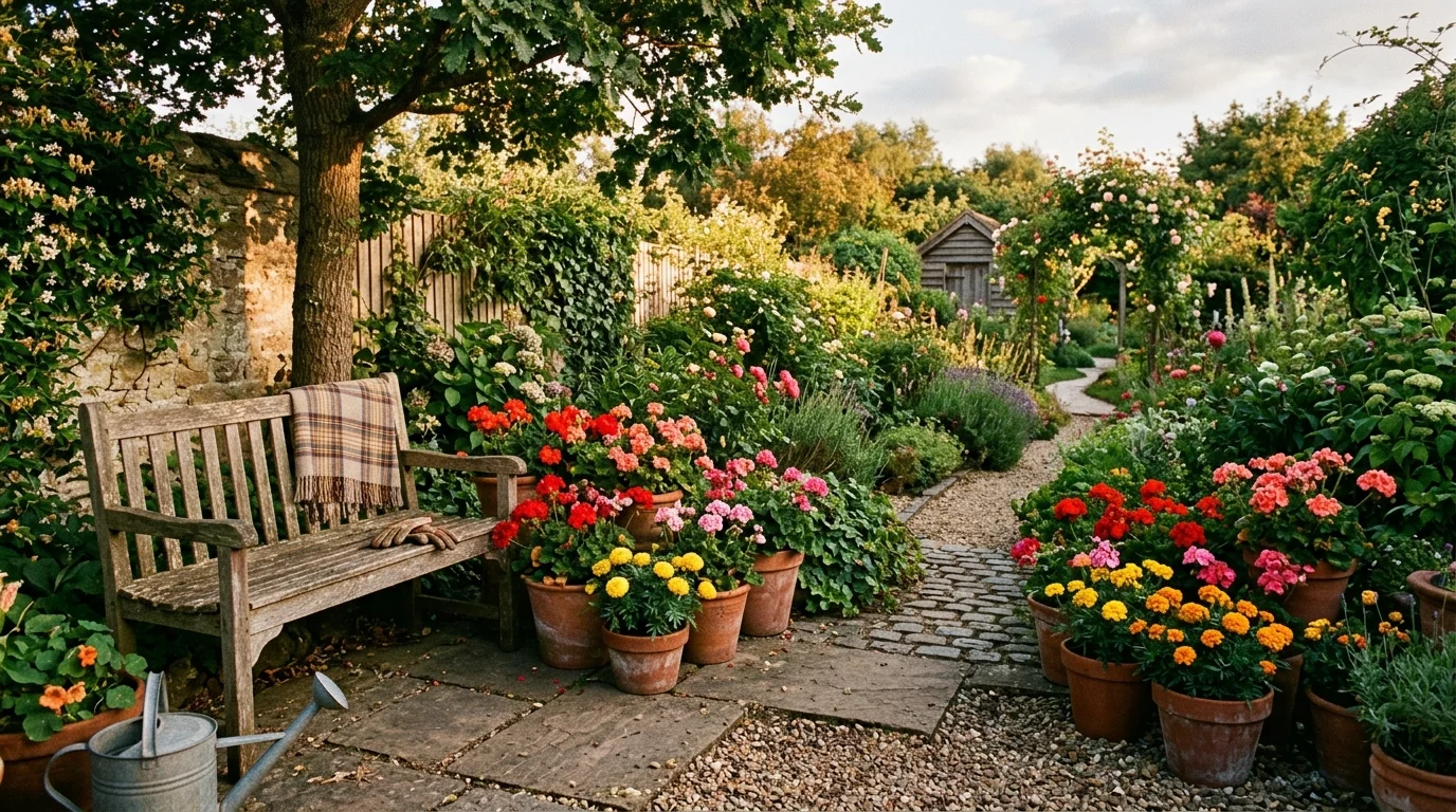 A rustic backyard garden with terracotta pots overflowing with geraniums and marigolds, weathered wooden bench nearby, warm earthy tones, late afternoon golden light creating long shadows, shot from a slightly angled perspective for depth, no people