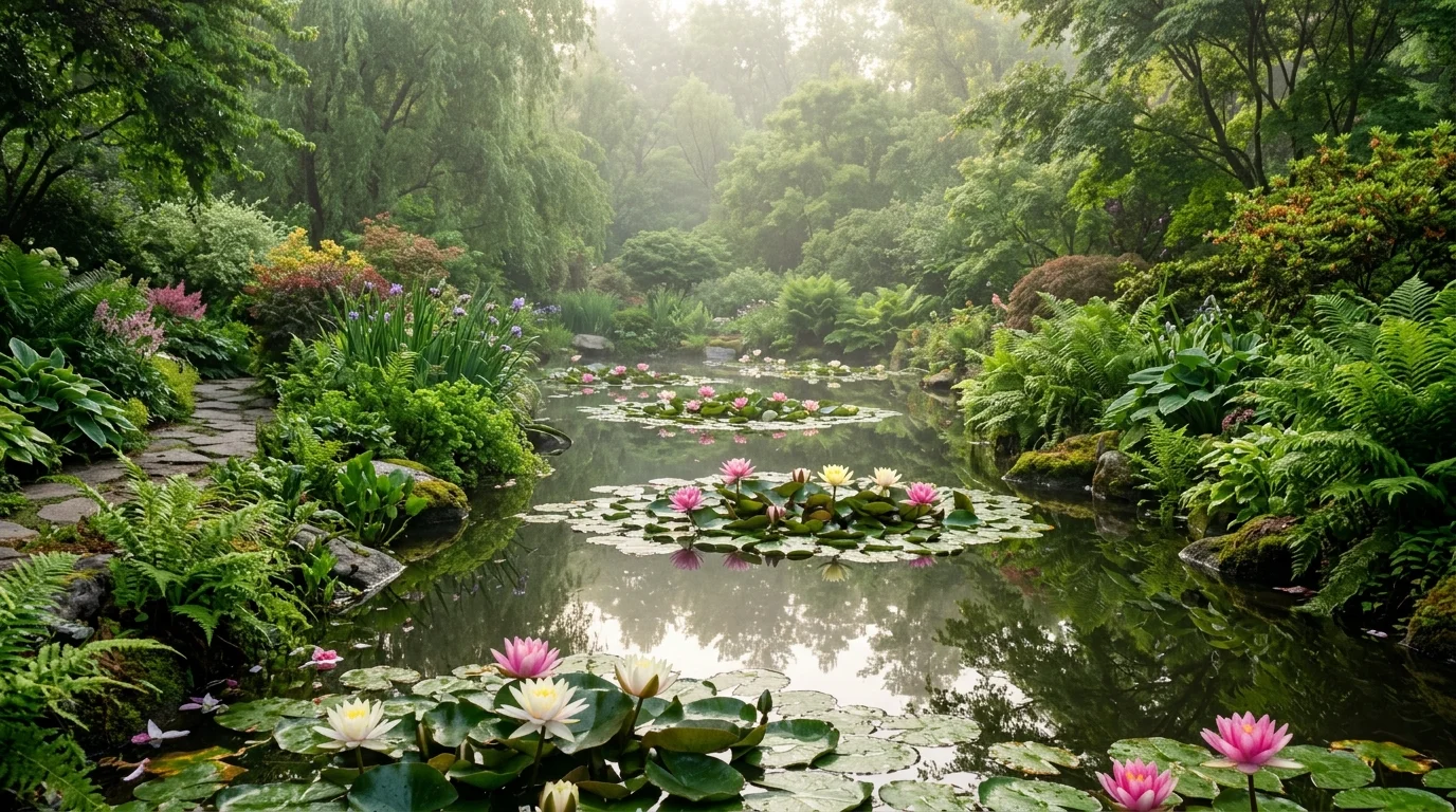 A serene water feature garden with blooming lotus and water lilies in a small pond, surrounded by lush ferns and flowering plants, reflections on the water surface, soft early morning mist and diffused light, captured from a low angle near water level, no people