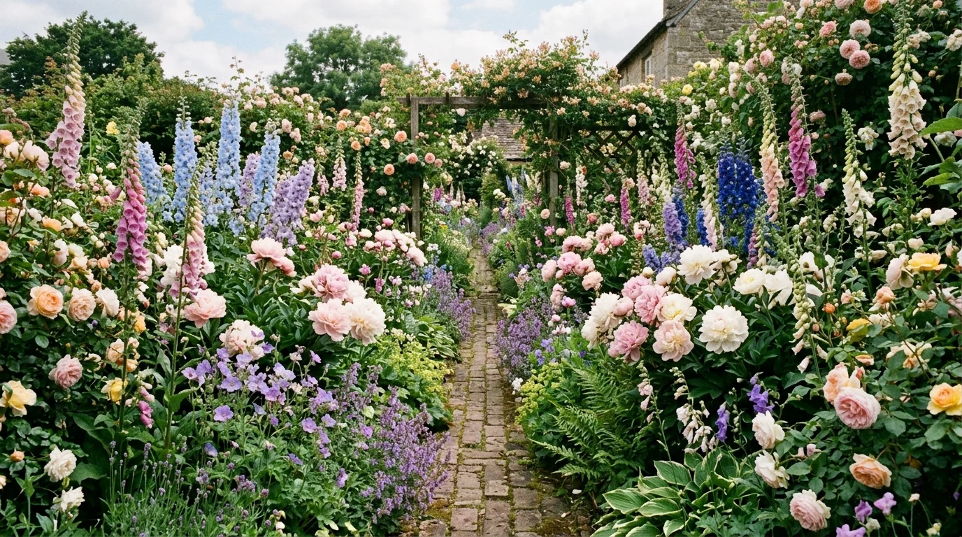 A dense English garden bursting with layered blooms including foxgloves, delphiniums, and peonies in pastel hues, narrow brick pathway weaving through, soft natural lighting, slightly overgrown aesthetic, photographed from a centered pathway perspective, no people