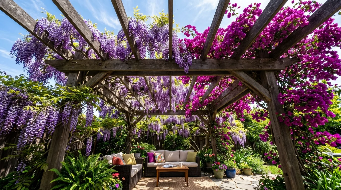 A bright backyard pergola covered in flowering vines like wisteria and bougainvillea, vibrant purples and magentas draping overhead, sunlight filtering through creating patterned shadows, cozy seating area below, shot from underneath looking upward, no people