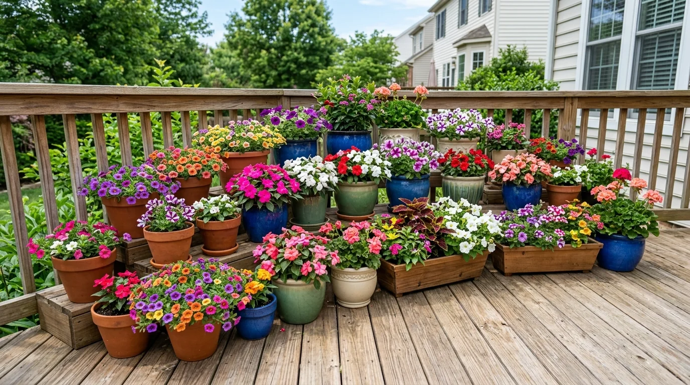 A colorful container garden arranged on a wooden deck with various pots of blooming annuals like calibrachoa and impatiens, vivid mixed colors, clean organized layout, bright daylight with sharp clarity, photographed from a slightly elevated angle, no people