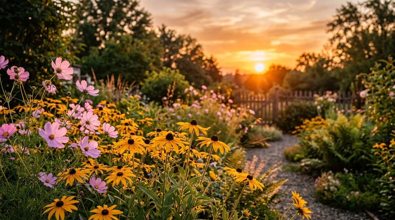 A sunset-lit backyard garden filled with glowing golden rudbeckia and soft pink cosmos, warm orange sky in the background, long soft shadows and a dreamy atmosphere, captured with a shallow depth of field focusing on foreground flowers, no people