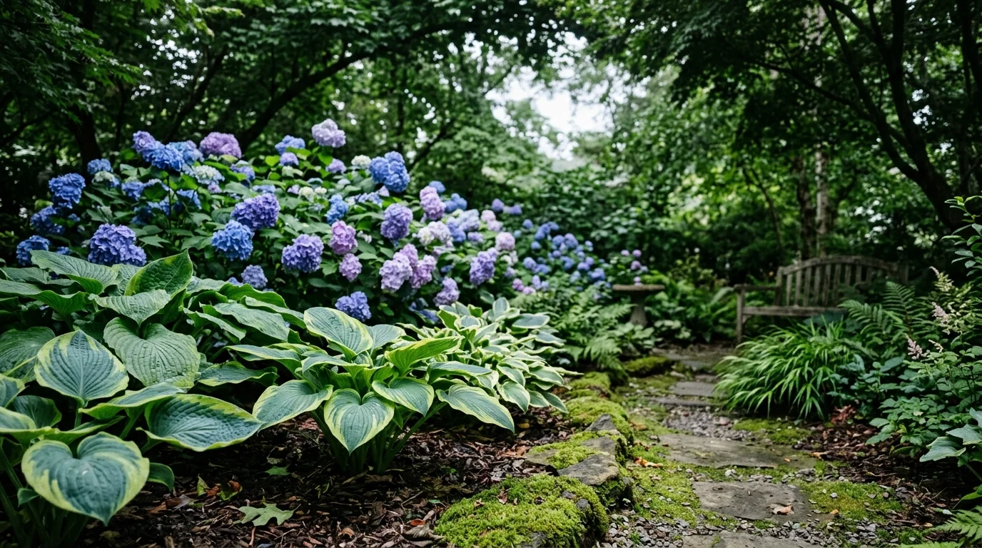 A shady garden retreat with hydrangeas in blues and purples, hostas with textured green leaves, cool-toned color palette, soft diffused light under tree canopy, tranquil and refreshing mood, shot from a low angle with detailed foreground foliage, no people