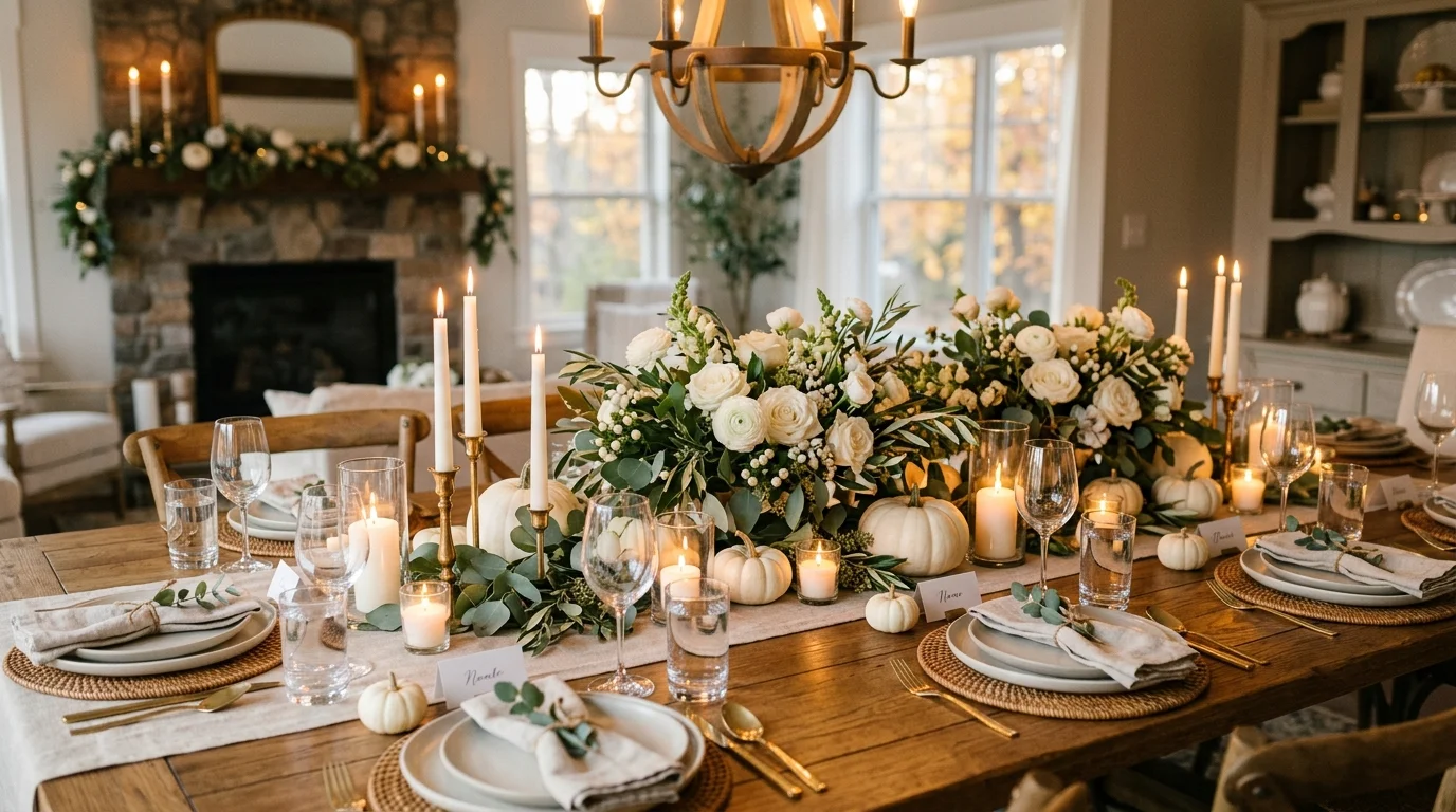 An elegant Thanksgiving centerpiece featuring low pumpkins, gourds, candles, and a flowing autumn runner across a dining table, no people