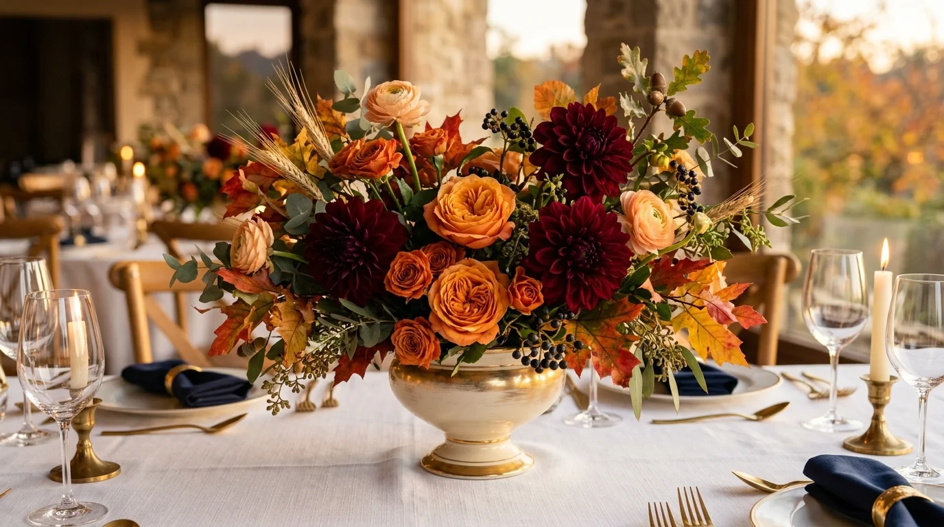 A sophisticated Thanksgiving centerpiece with hurricane candles, layered fall leaves, pinecones, and warm neutral tones, no people