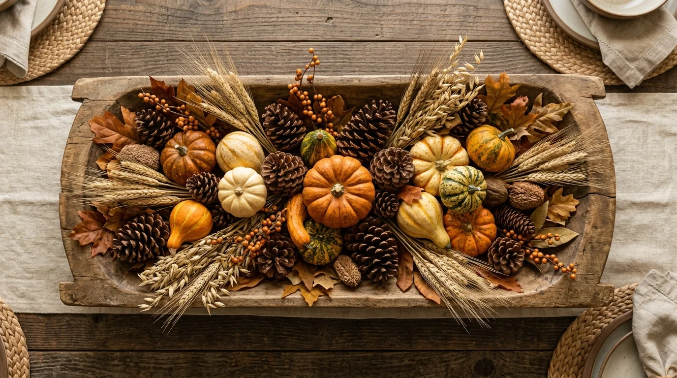 A Thanksgiving table centerpiece using white pumpkins as floral vases, filled with seasonal blooms and greenery, no people