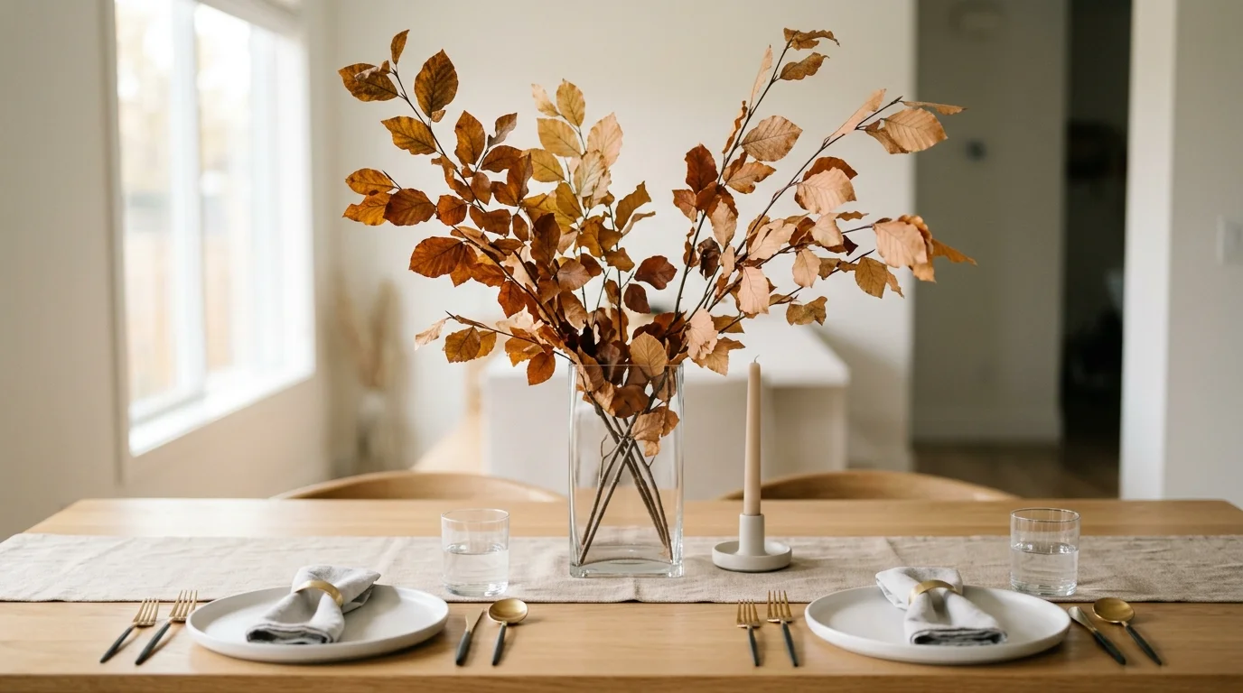 A woven basket Thanksgiving centerpiece filled with wheat stems, berries, pumpkins, and layered autumn textures, no people