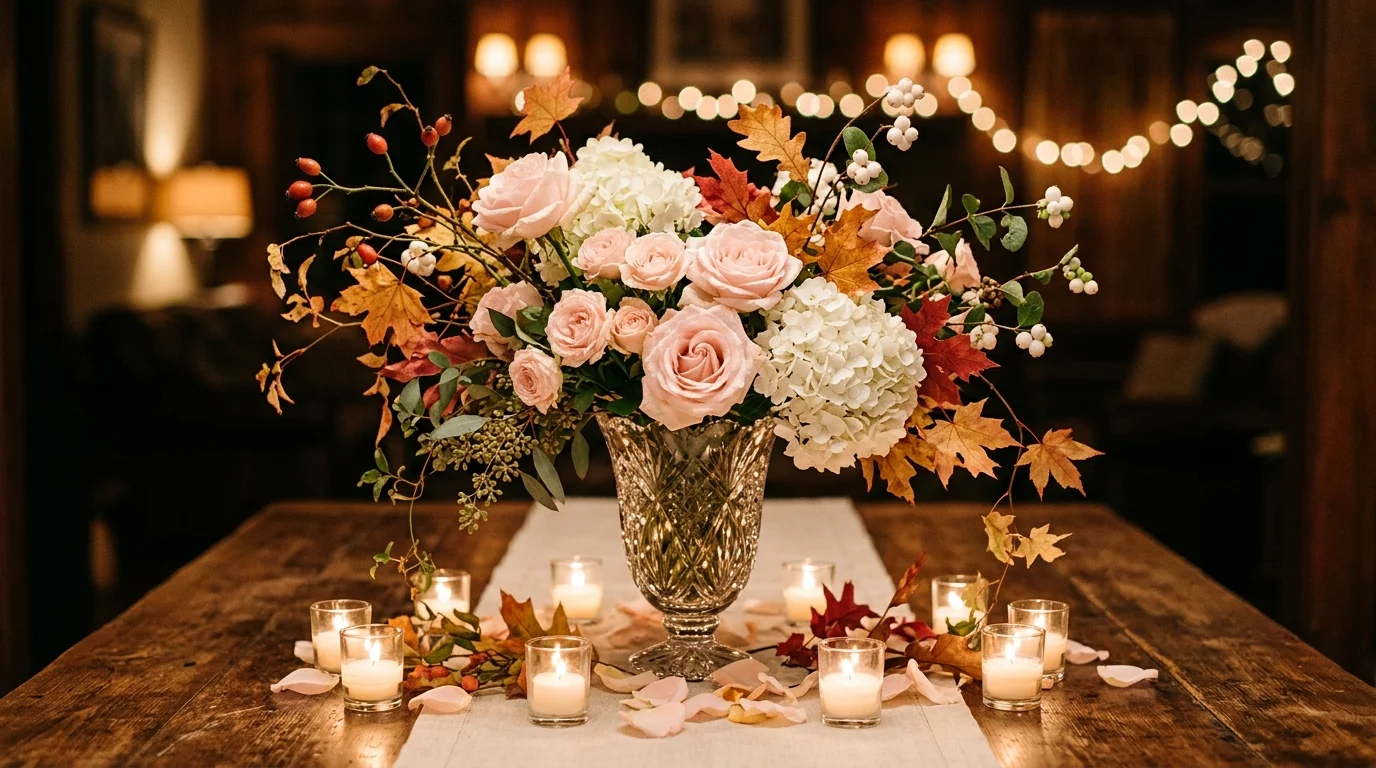 An elegant Thanksgiving centerpiece arranged in a brass urn with rich autumn florals, greenery, and candlelight, no people