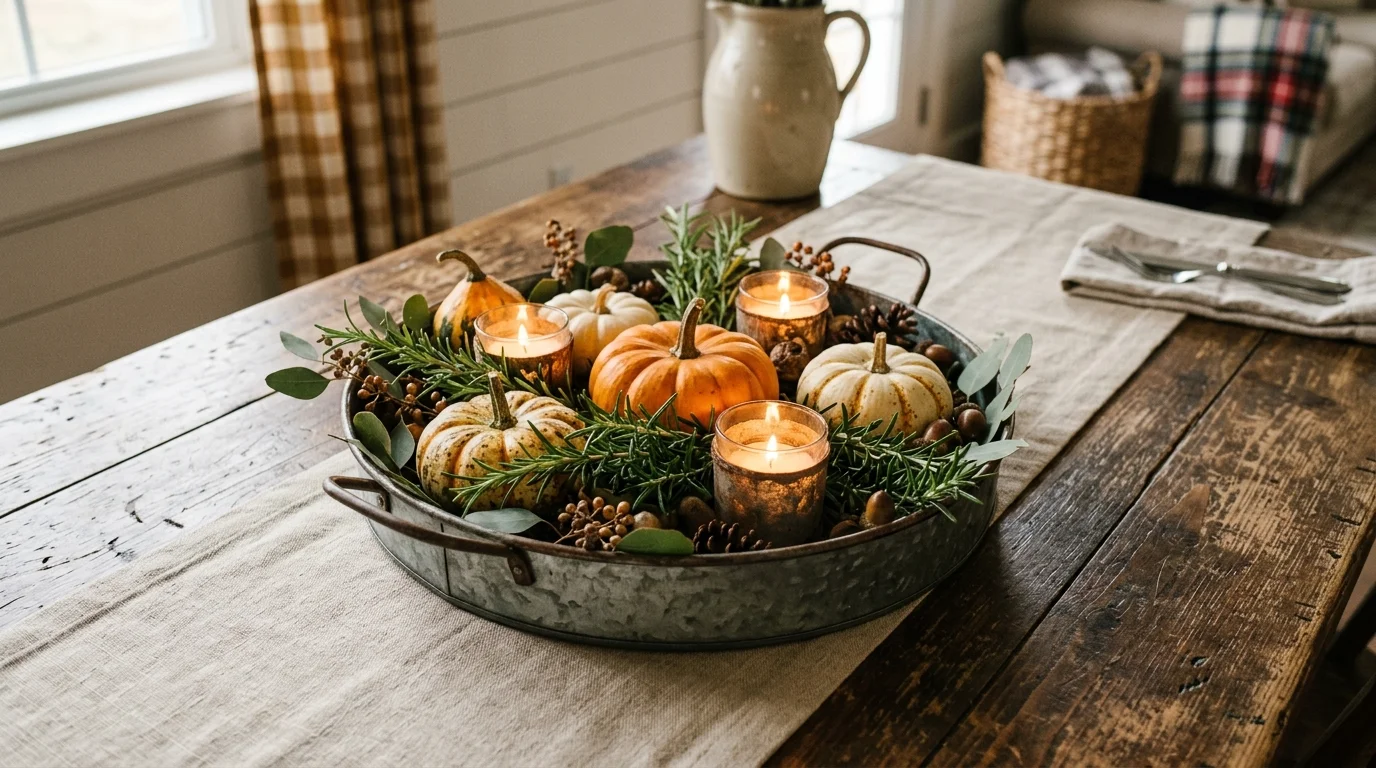 A fruit-filled Thanksgiving centerpiece styled in a compote bowl with pears, grapes, figs, leaves, and warm candlelight, no people