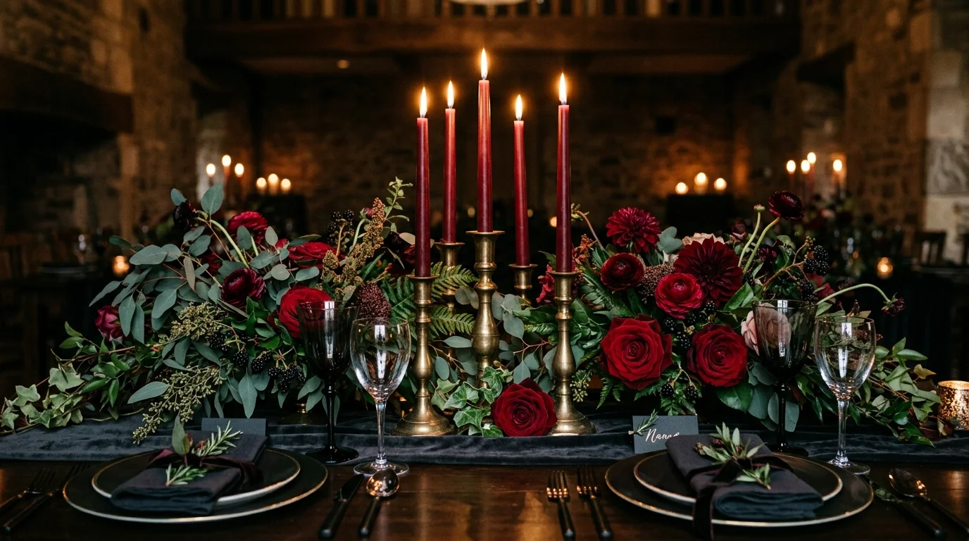 A Thanksgiving garland centerpiece of eucalyptus, soft candles, and understated autumn accents running through the middle of a dining table, no people