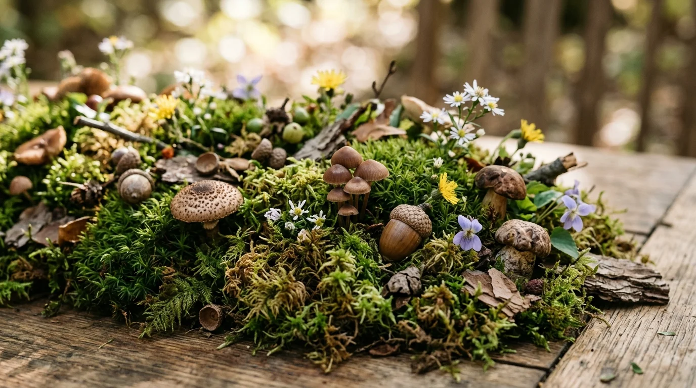 A rustic Thanksgiving centerpiece in a long wooden box filled with seasonal flowers, greenery, pumpkins, and harvest produce, no people