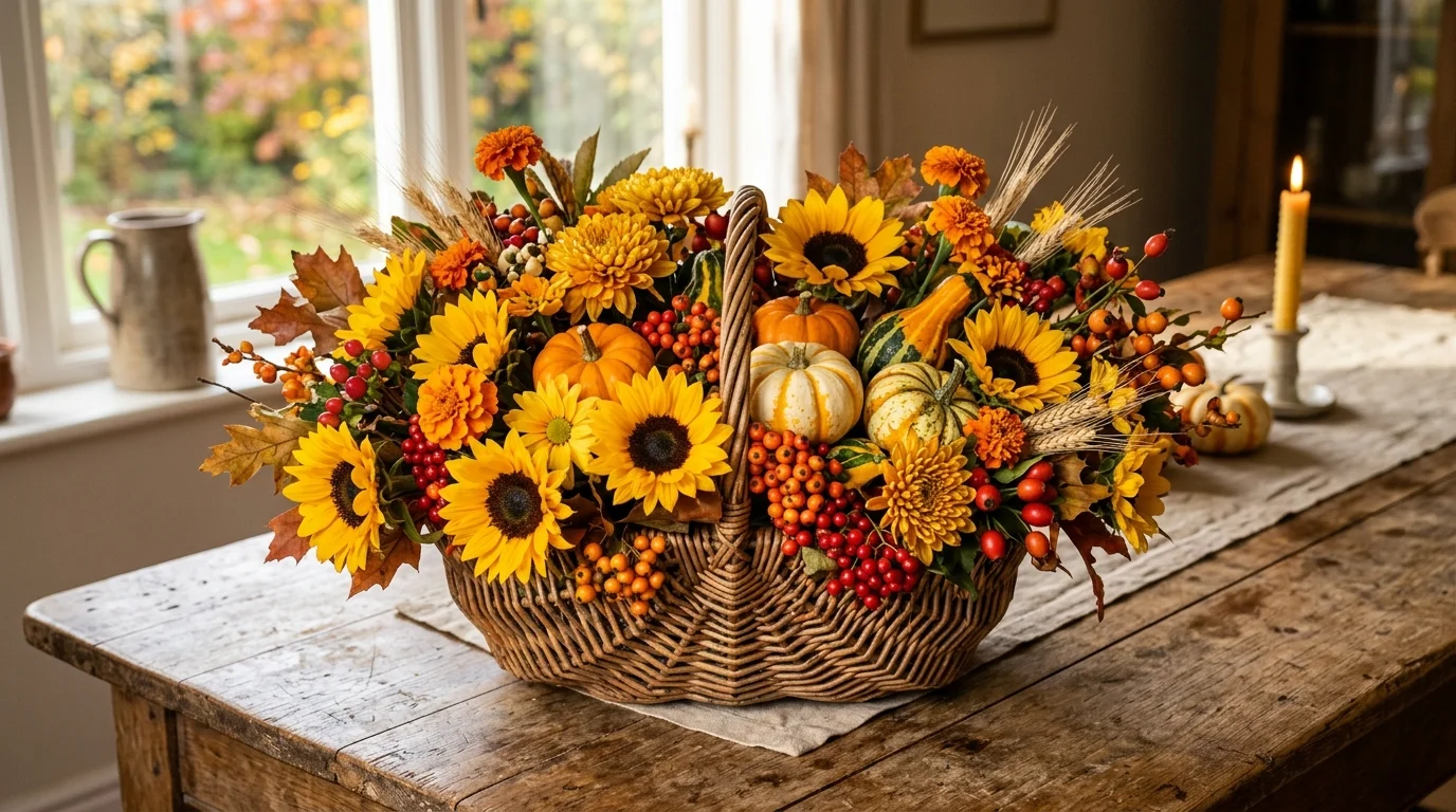 A lantern-based Thanksgiving centerpiece with candles, mini pumpkins, greenery, and warm evening ambiance, no people