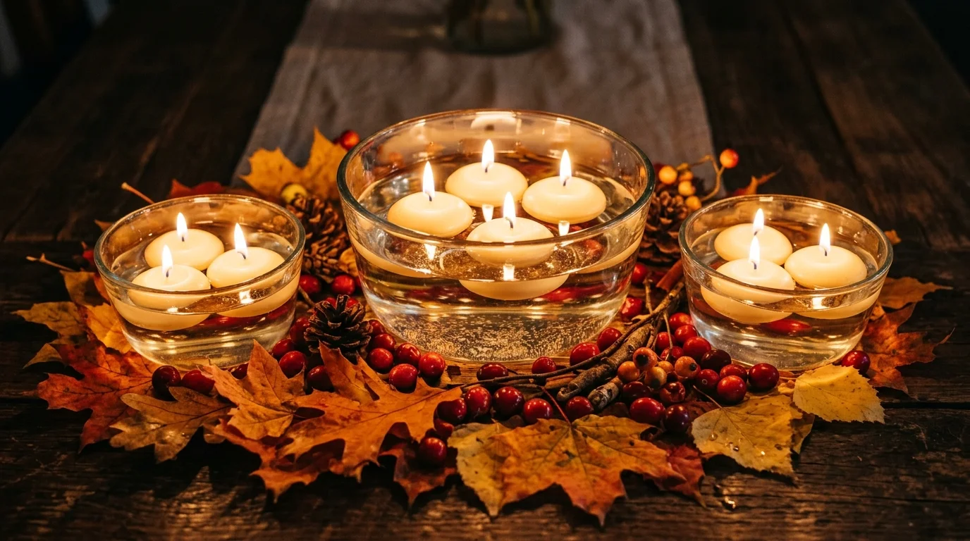 A soft Thanksgiving centerpiece using dried hydrangeas, pale pumpkins, foliage, and layered seasonal texture, no people