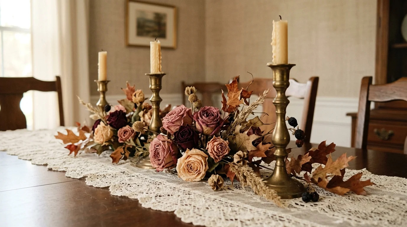 A traditional Thanksgiving centerpiece with corn husks, candles, pumpkins, and warm harvest tones, no people