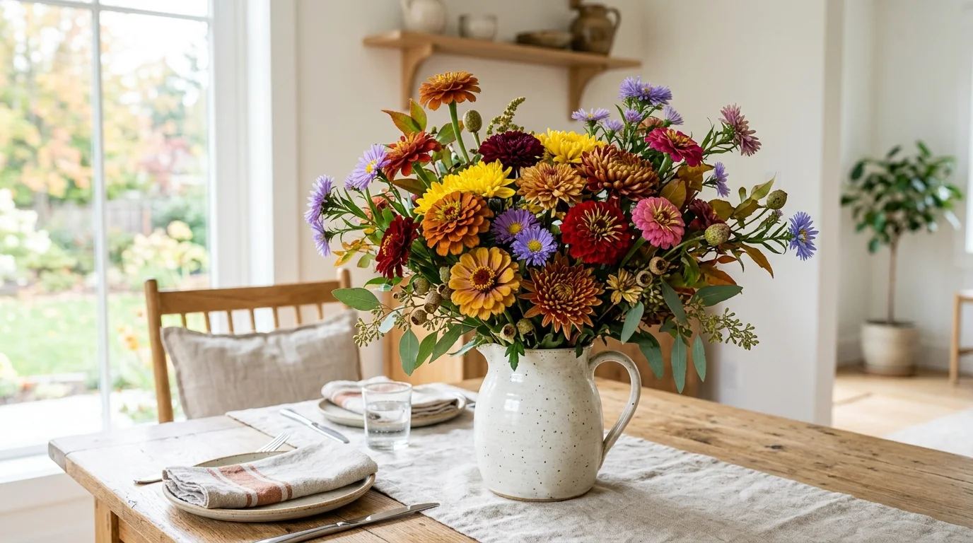 A Thanksgiving centerpiece styled in a low footed bowl with seasonal florals, fruit, greenery, and elegant candle accents, no people