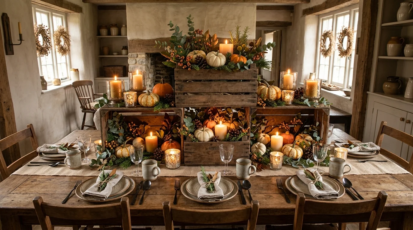 A farmhouse Thanksgiving centerpiece in a rustic crate filled with pumpkins, candles, foliage, and layered autumn styling, no people