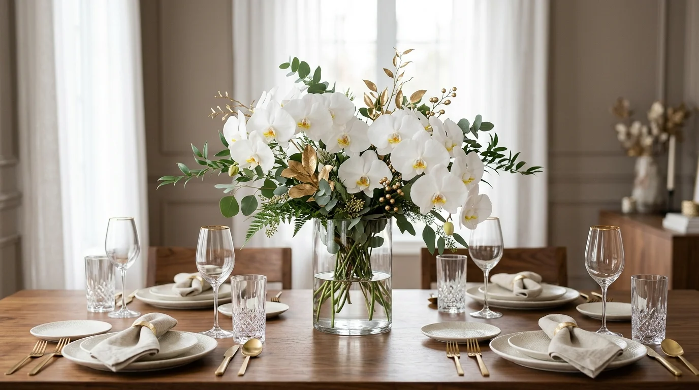 A formal Thanksgiving centerpiece featuring a gold candelabra, autumn florals, and richly layered holiday table decor, no people