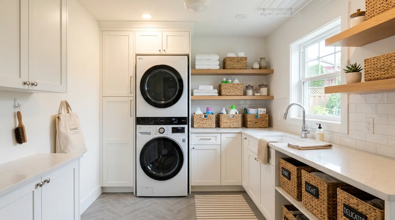 A functional fabulous laundry room with wall drying rack woven baskets and brass hooks, no people