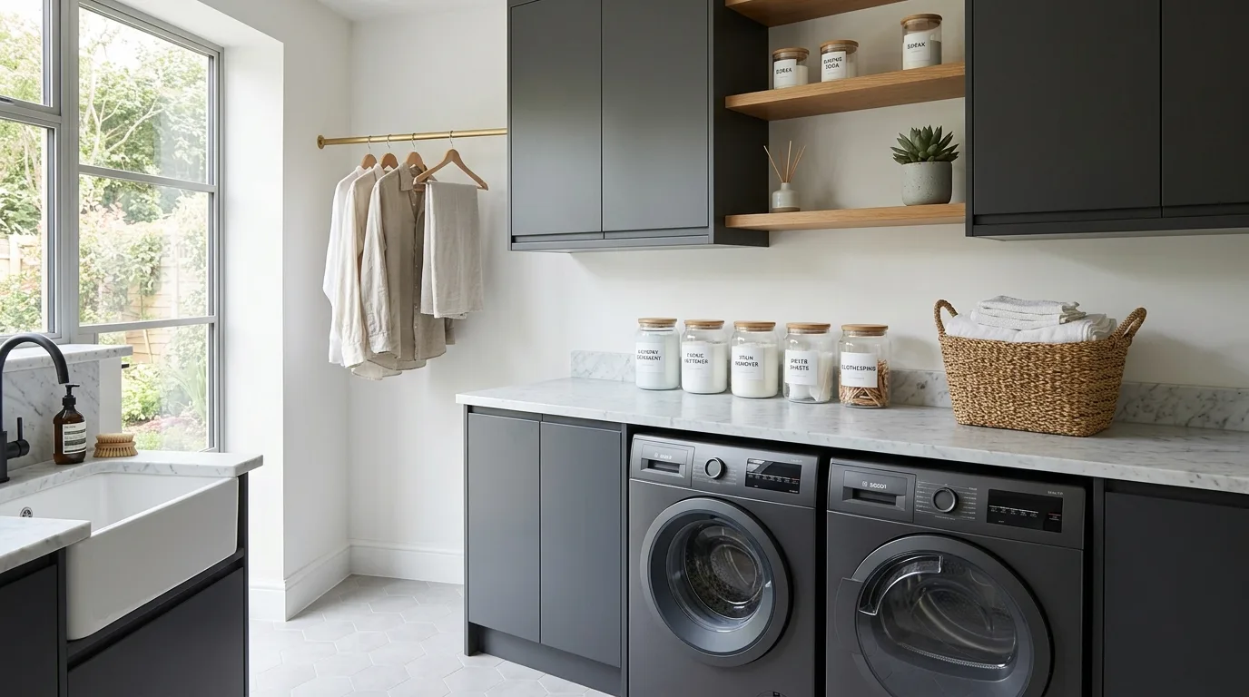 A fabulous laundry room with soft blue cabinets patterned tile and folding counter, no people
