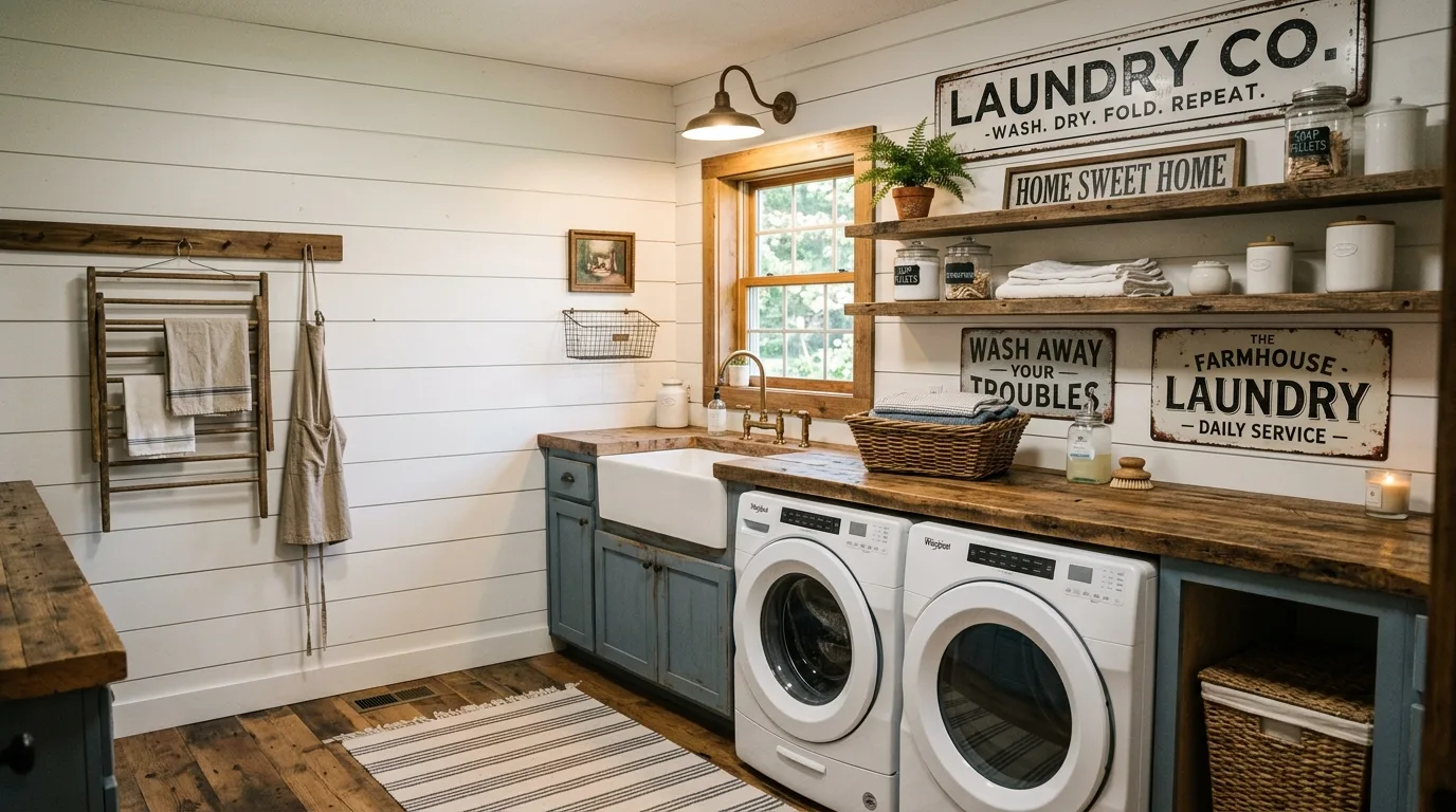 A functional fabulous slim laundry nook with stacked appliances shelf and rail storage, no people