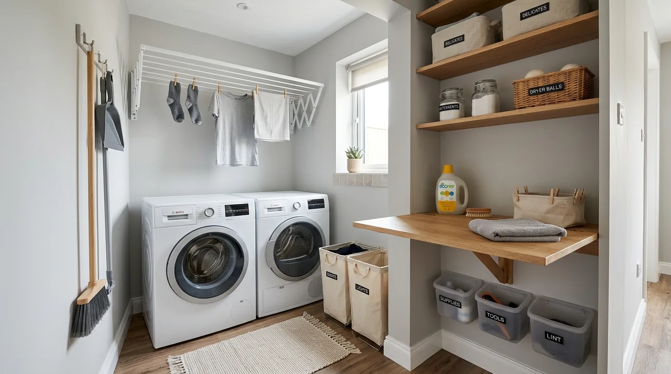 A farmhouse laundry room with beadboard walls striped rug and labeled jars, no people