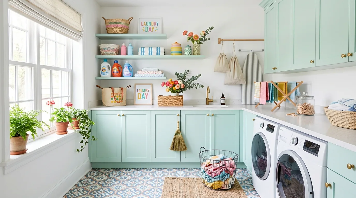 A fabulous mudroom laundry room combo with bench cubbies and hidden hampers, no people