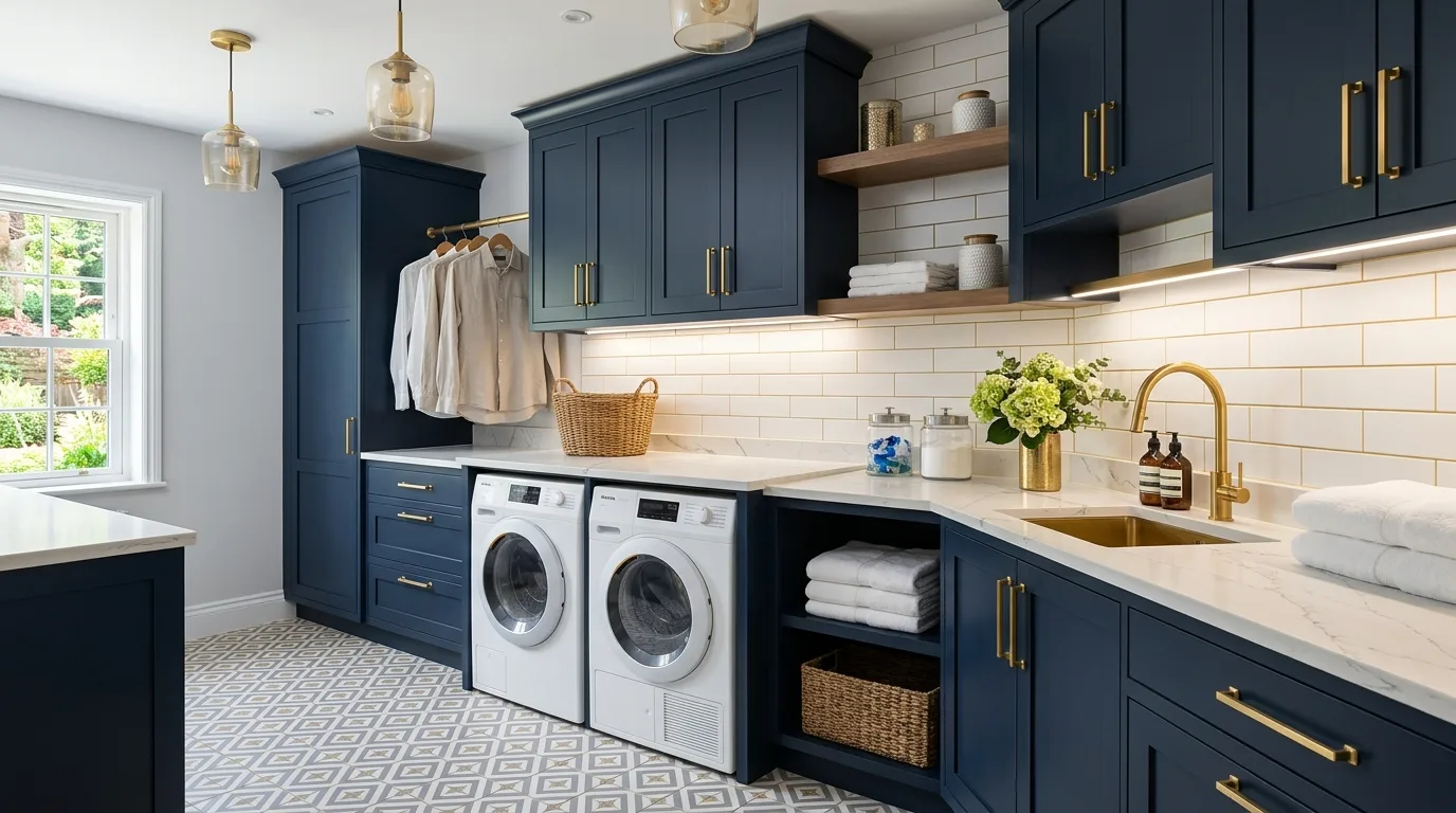 A fabulous dark green laundry room with wood shelves and statement utility sink, no people