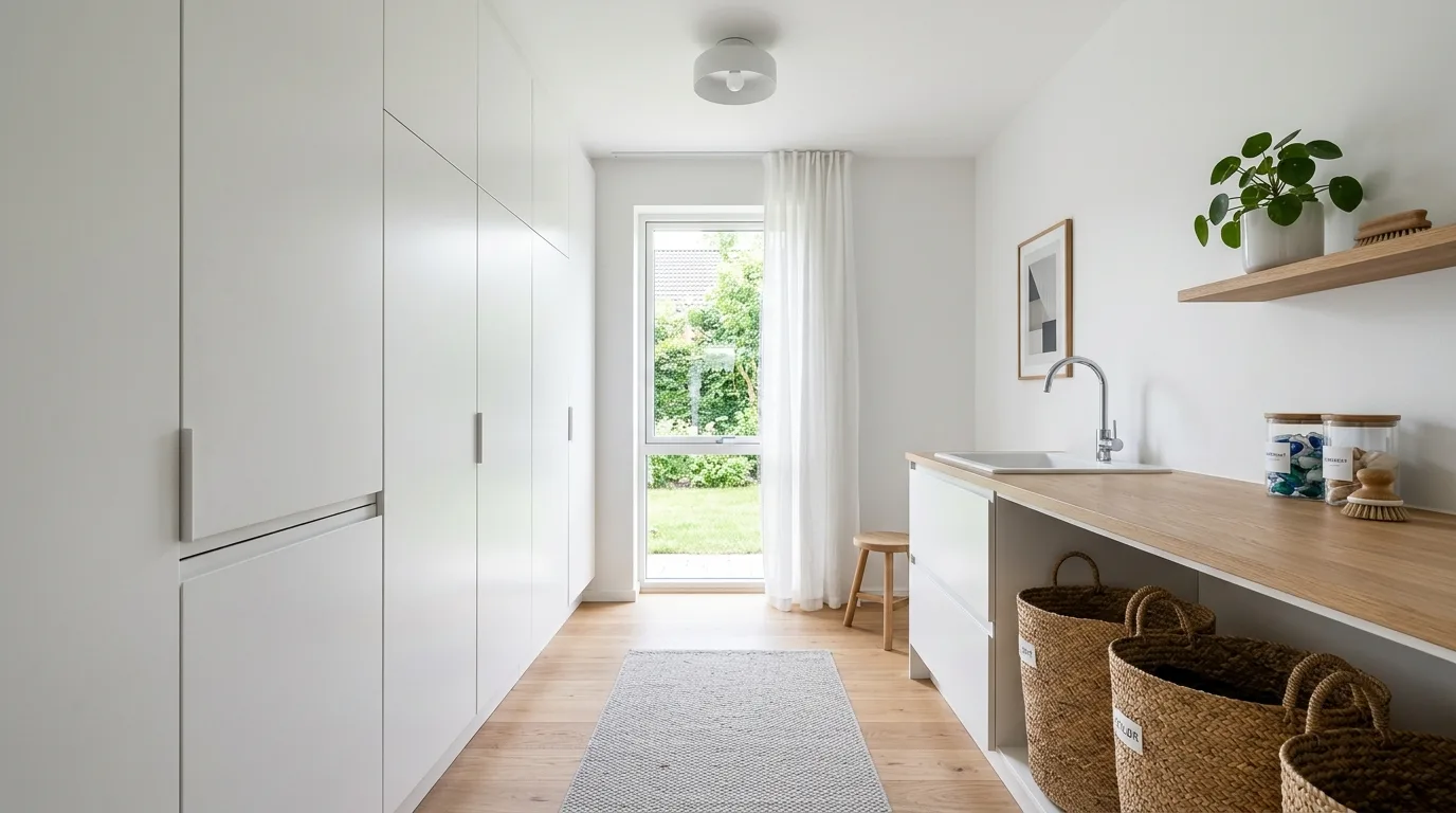 A functional fabulous laundry closet with pocket doors wallpaper backing and sorting bins, no people