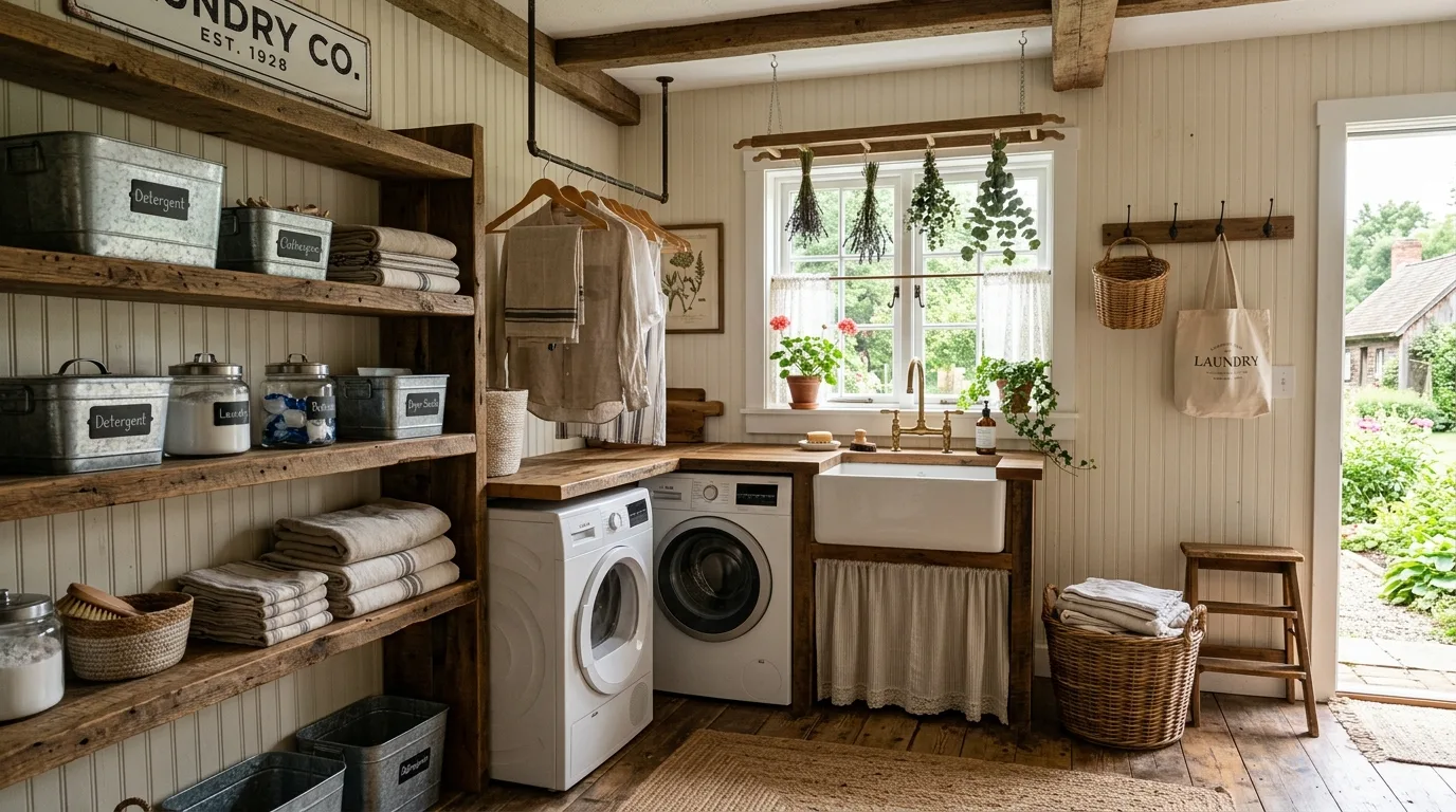 A bright fabulous laundry room with hanging rod marble look counter and glass canisters, no people