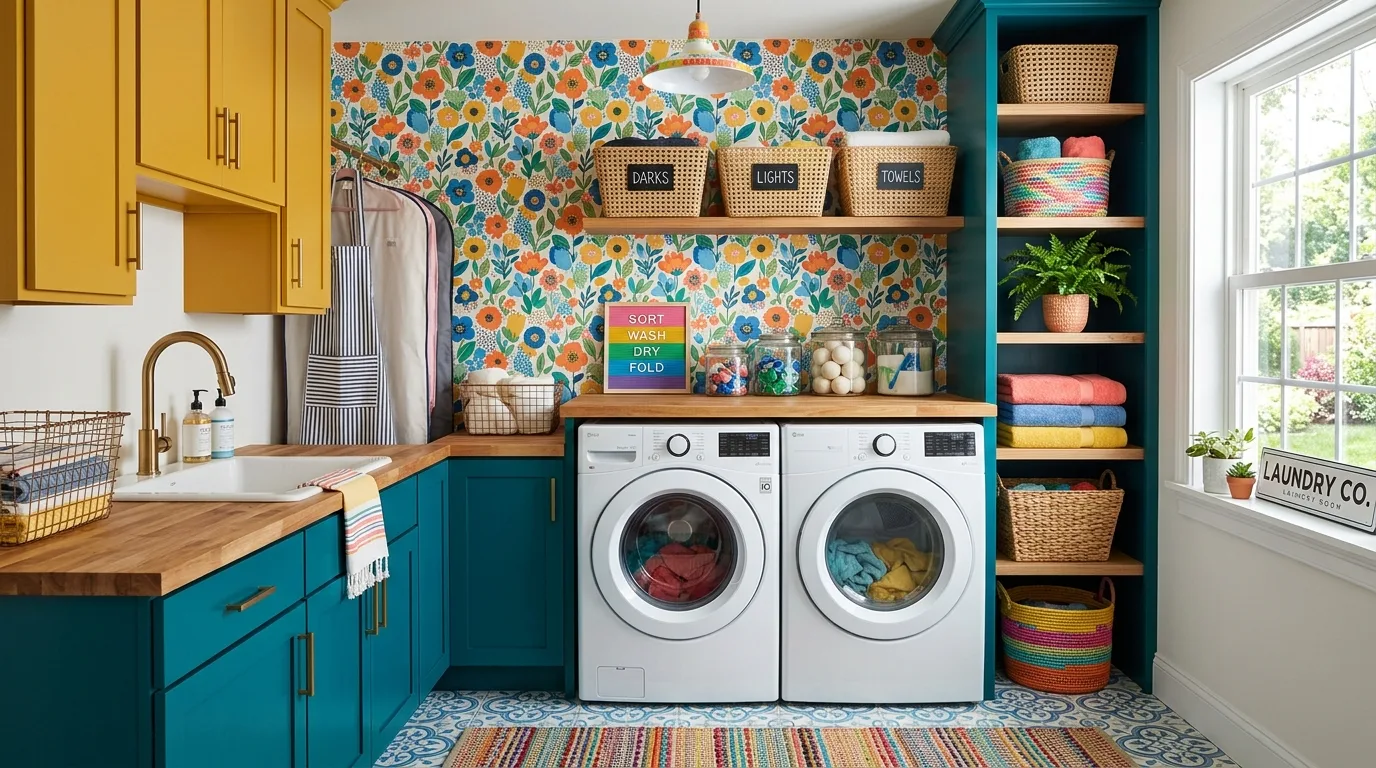 A fabulous laundry room with open shelves baskets black hardware and framed art, no people