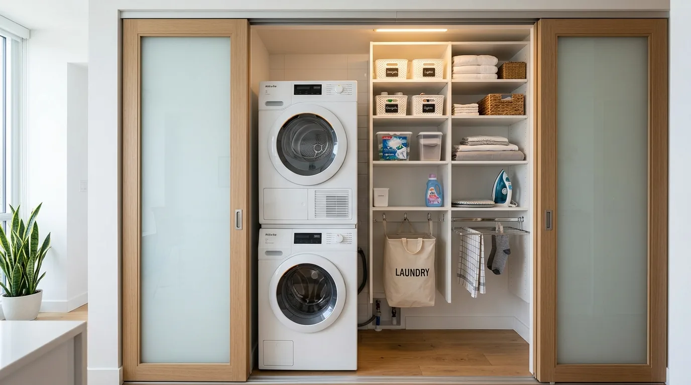 A vintage inspired fabulous laundry room with floral wallpaper and painted cabinets, no people