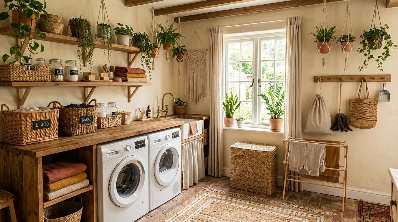 A functional compact laundry room with butcher block top and rolling sorting carts, no people