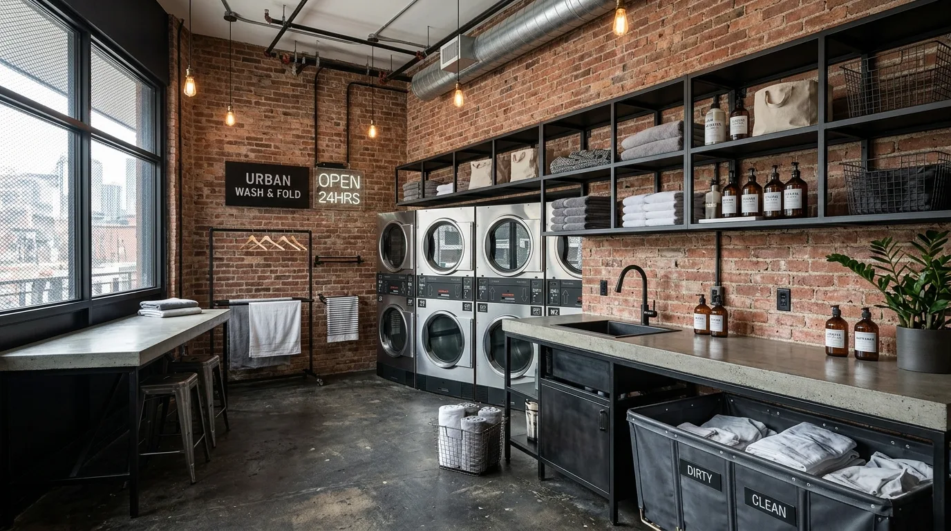 A luxurious fabulous laundry room with paneled cabinets brass lighting and linen storage, no people