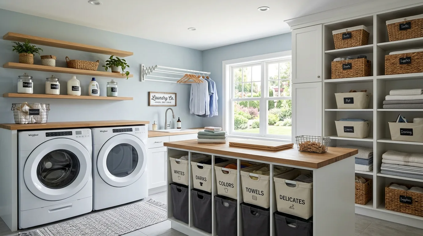 A functional family laundry room with chalk labels shoe trays and drop baskets, no people