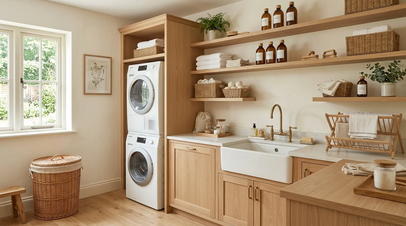 A fabulous laundry room with pet wash station penny tile and durable storage, no people