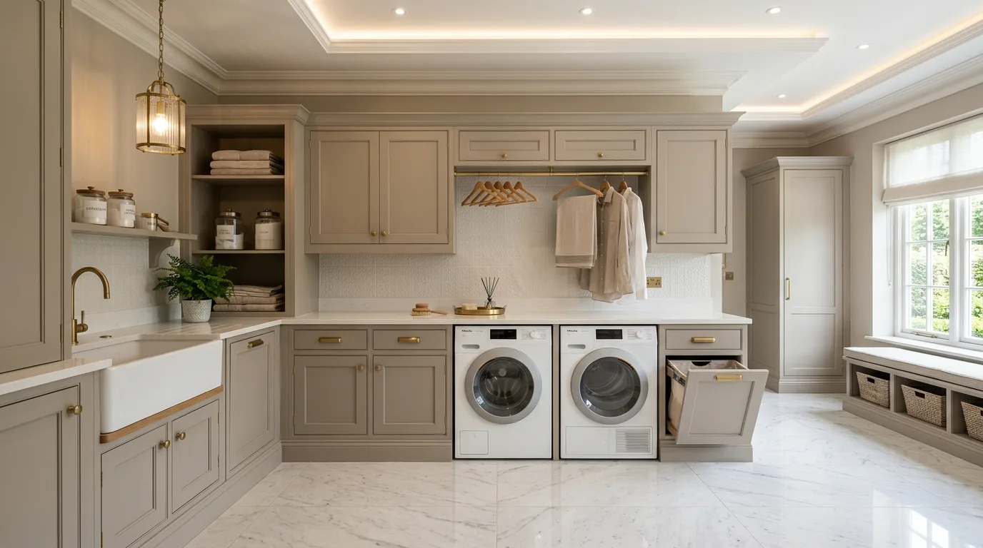 A sunny fabulous laundry room with cafe curtains indoor plant and folding table, no people