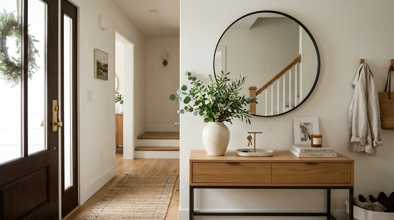 A welcoming entryway with slim console mirror lamp and tray, no people