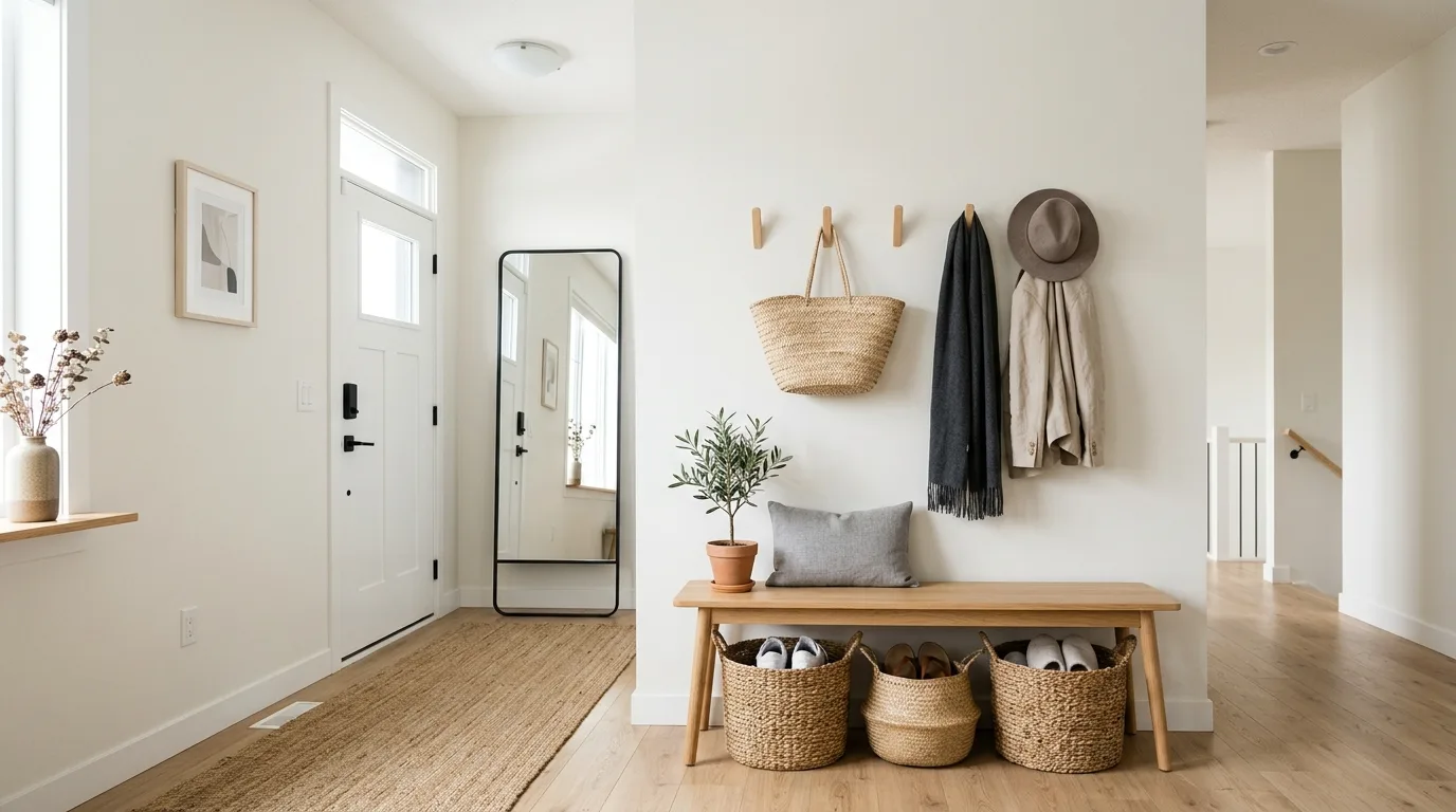 A welcoming entryway with bench hooks and baskets for shoes and bags, no people