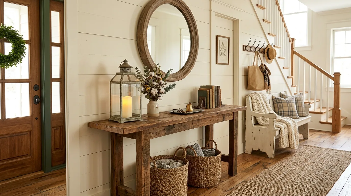 A welcoming entryway with arched mirror wood table branches and books, no people