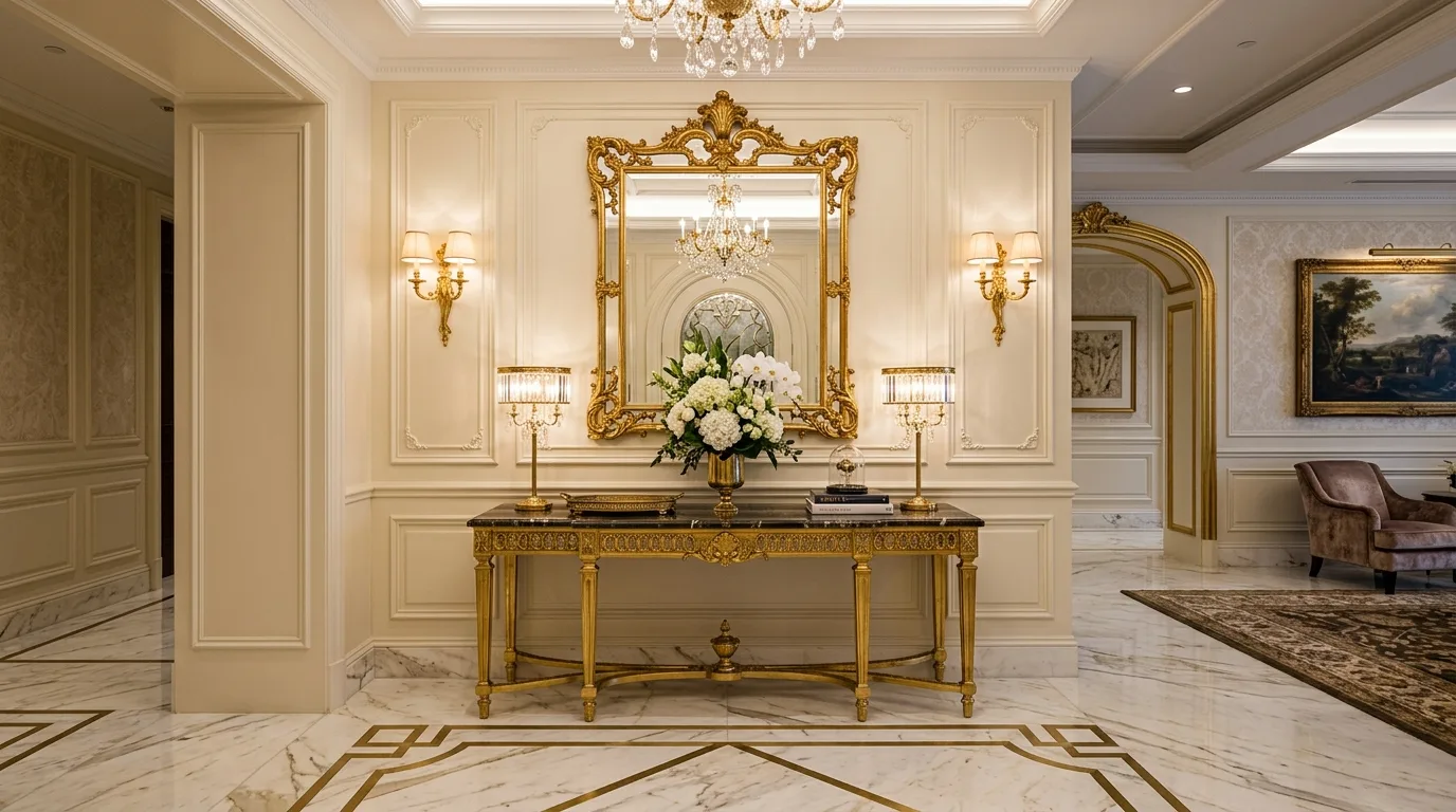 A narrow welcoming entryway with runner sconces and small stool, no people
