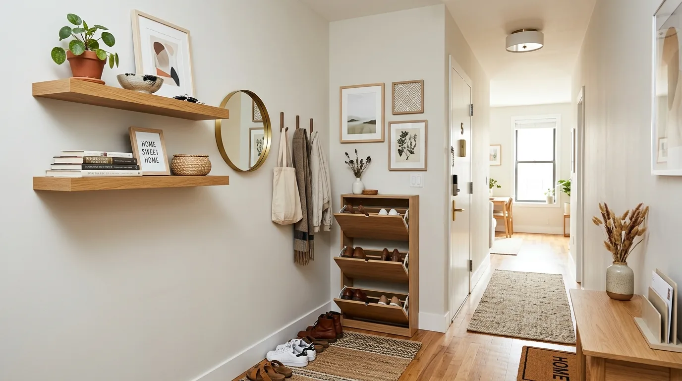 A farmhouse welcoming entryway with beadboard pegs and woven storage, no people
