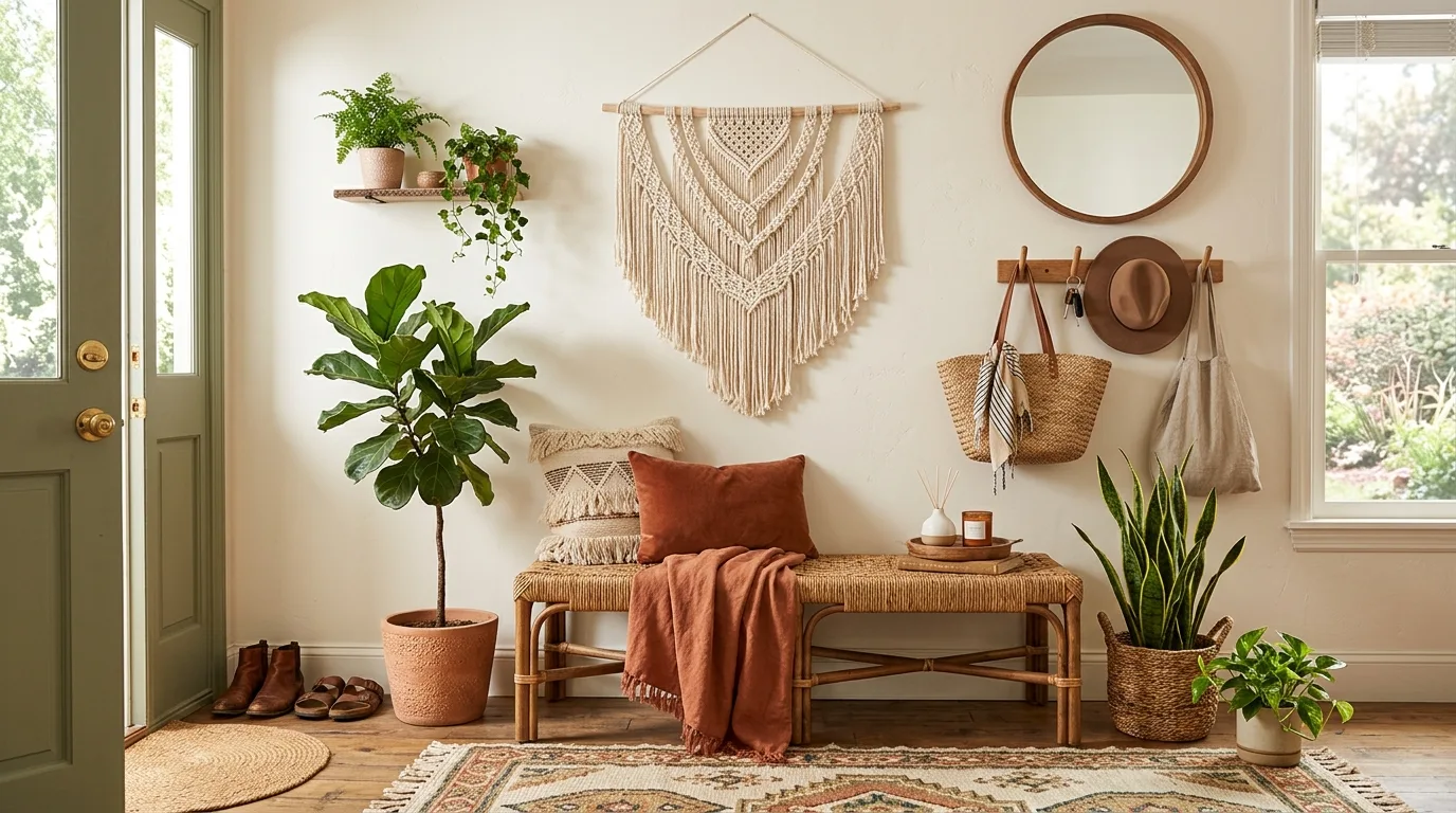 A modern welcoming entryway with black accents pale oak and sculptural vase, no people